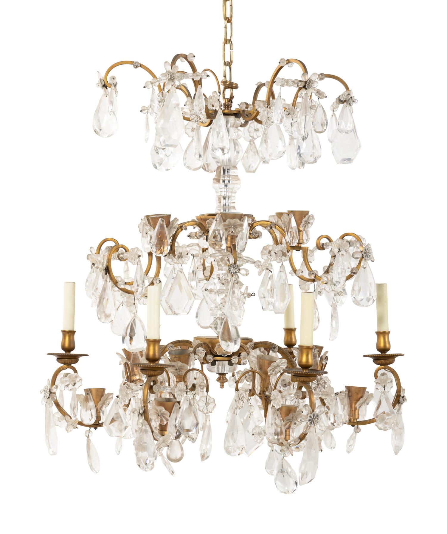A Pair of Continental Gilt Bronze, Cut Glass and Rock Crystal Chandeliers