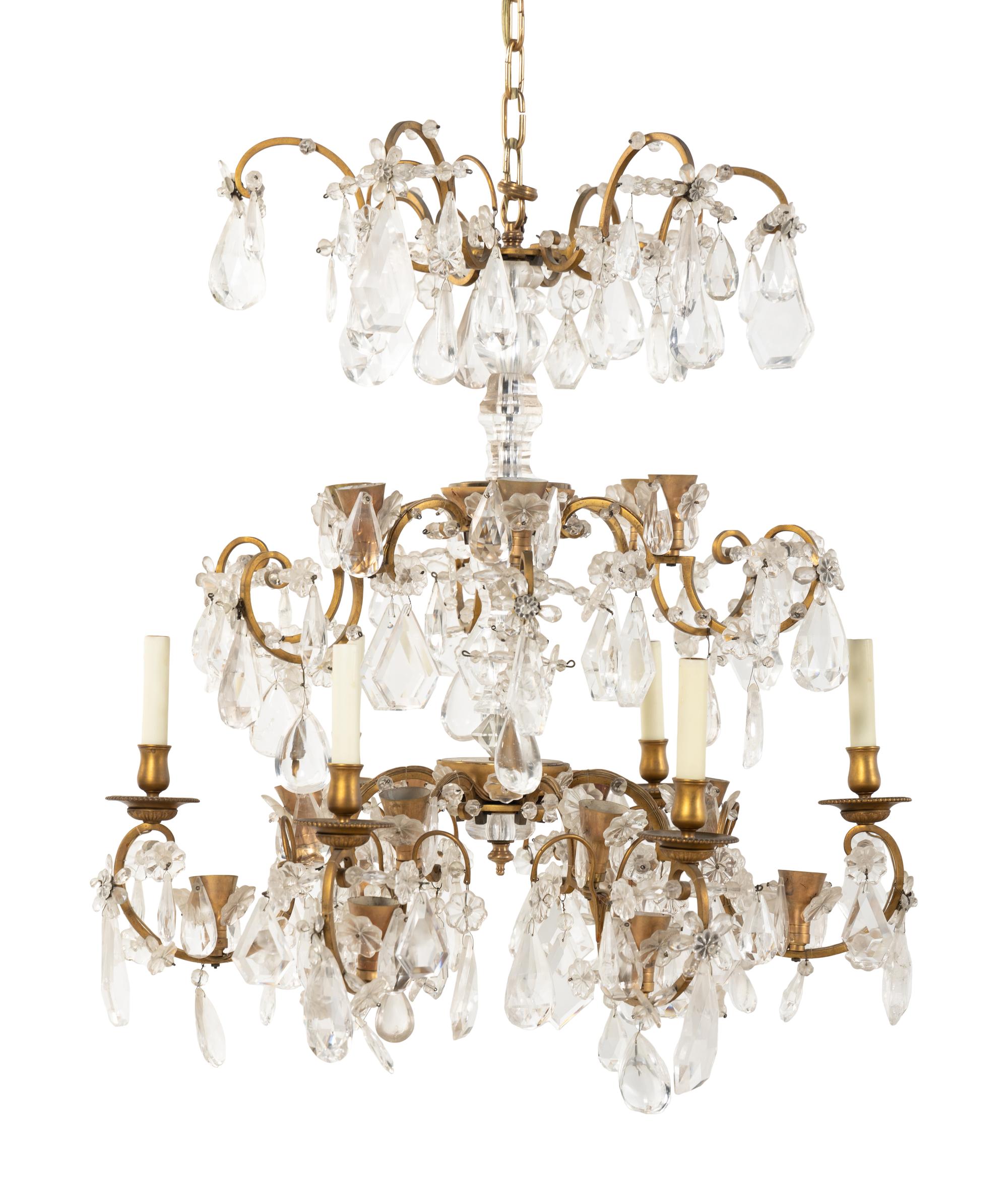 A Pair of Continental Gilt Bronze, Cut Glass and Rock Crystal Chandeliers