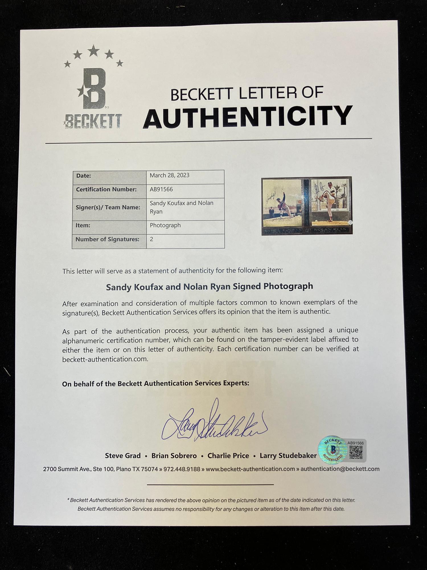 A Sandy Koufax / Nolan Ryan Signed Autograph Photo Display (Beckett Authentication Services Letter)
