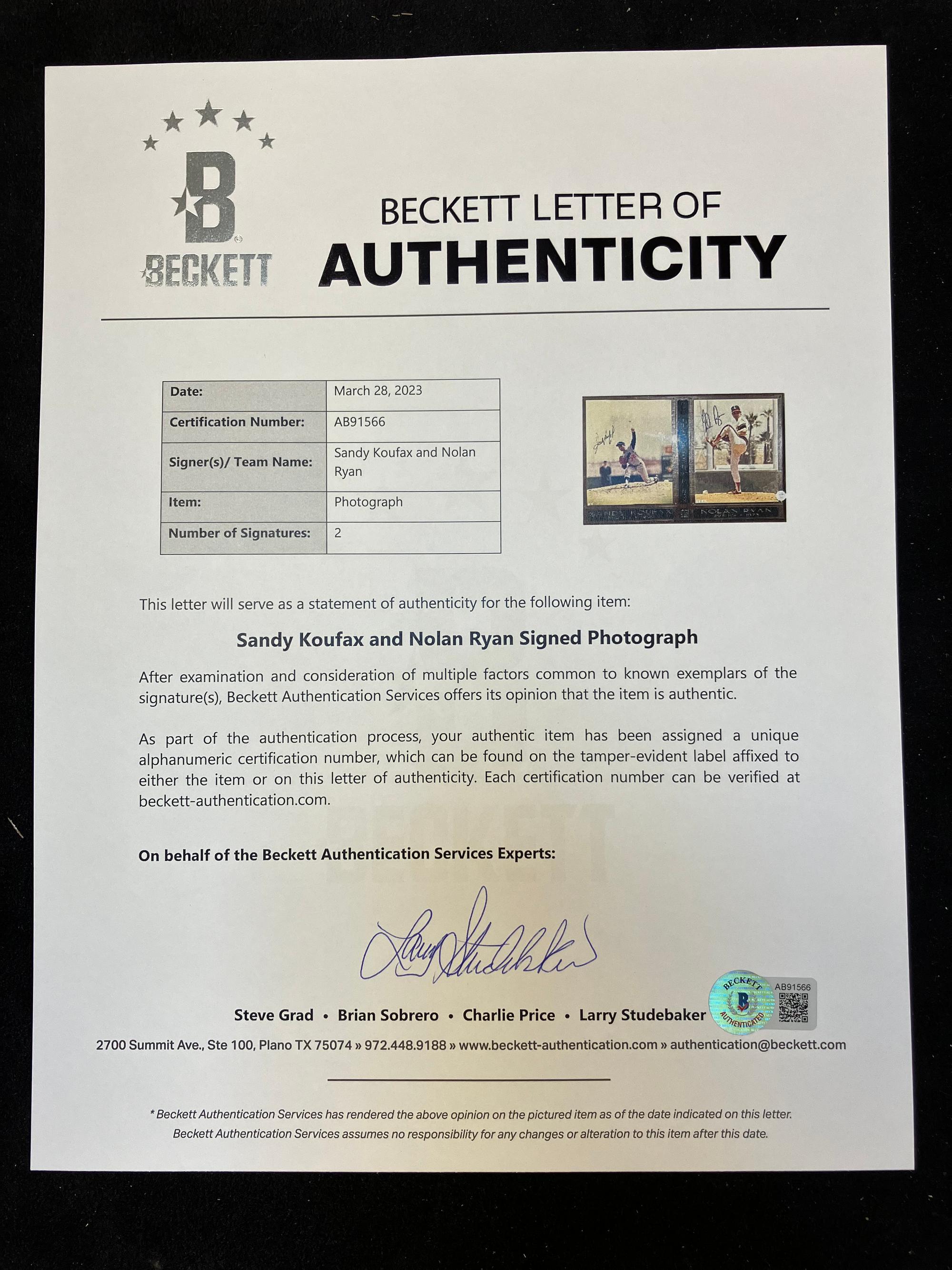 A Sandy Koufax / Nolan Ryan Signed Autograph Photo Display (Beckett Authentication Services Letter)