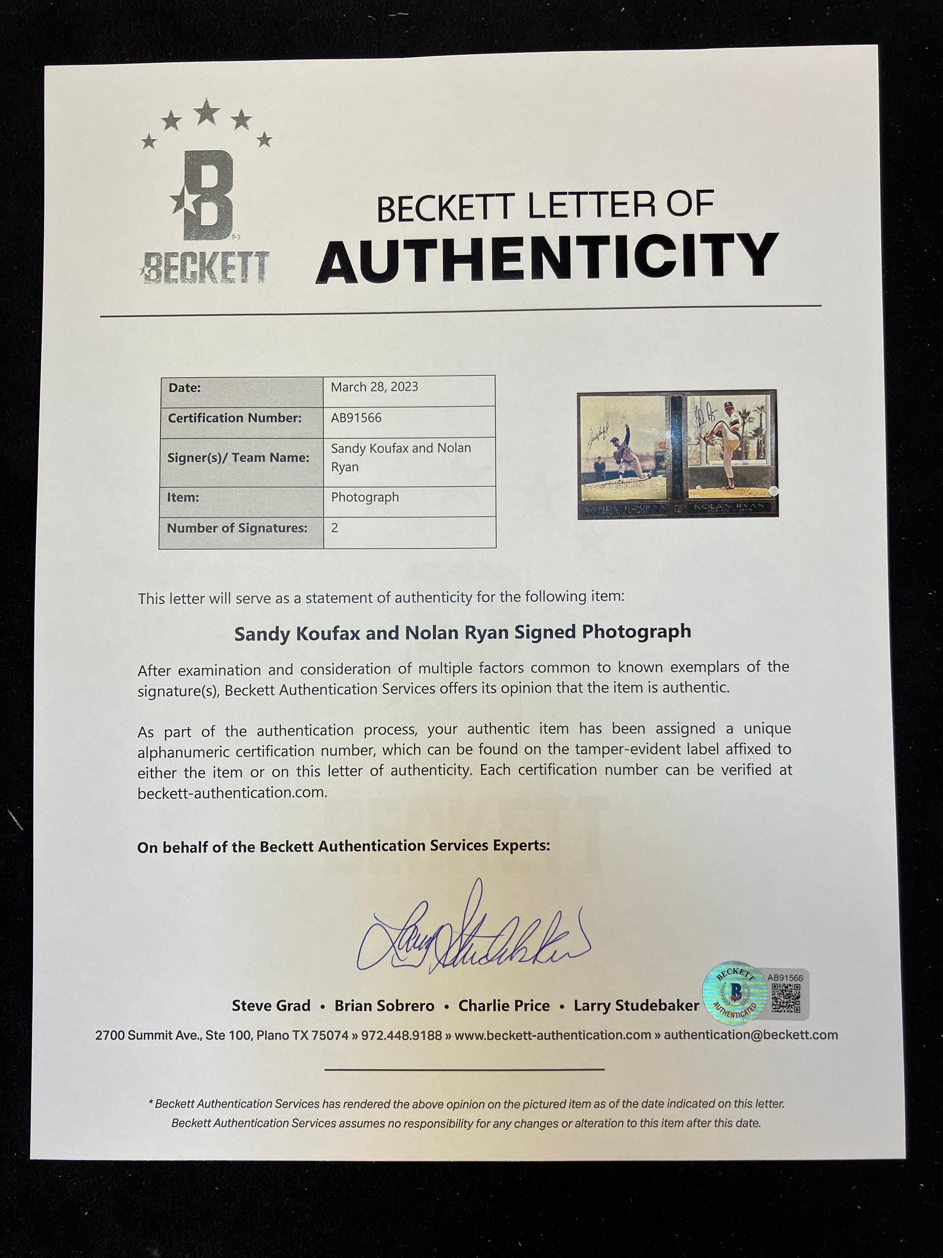 A Sandy Koufax / Nolan Ryan Signed Autograph Photo Display (Beckett Authentication Services Letter)