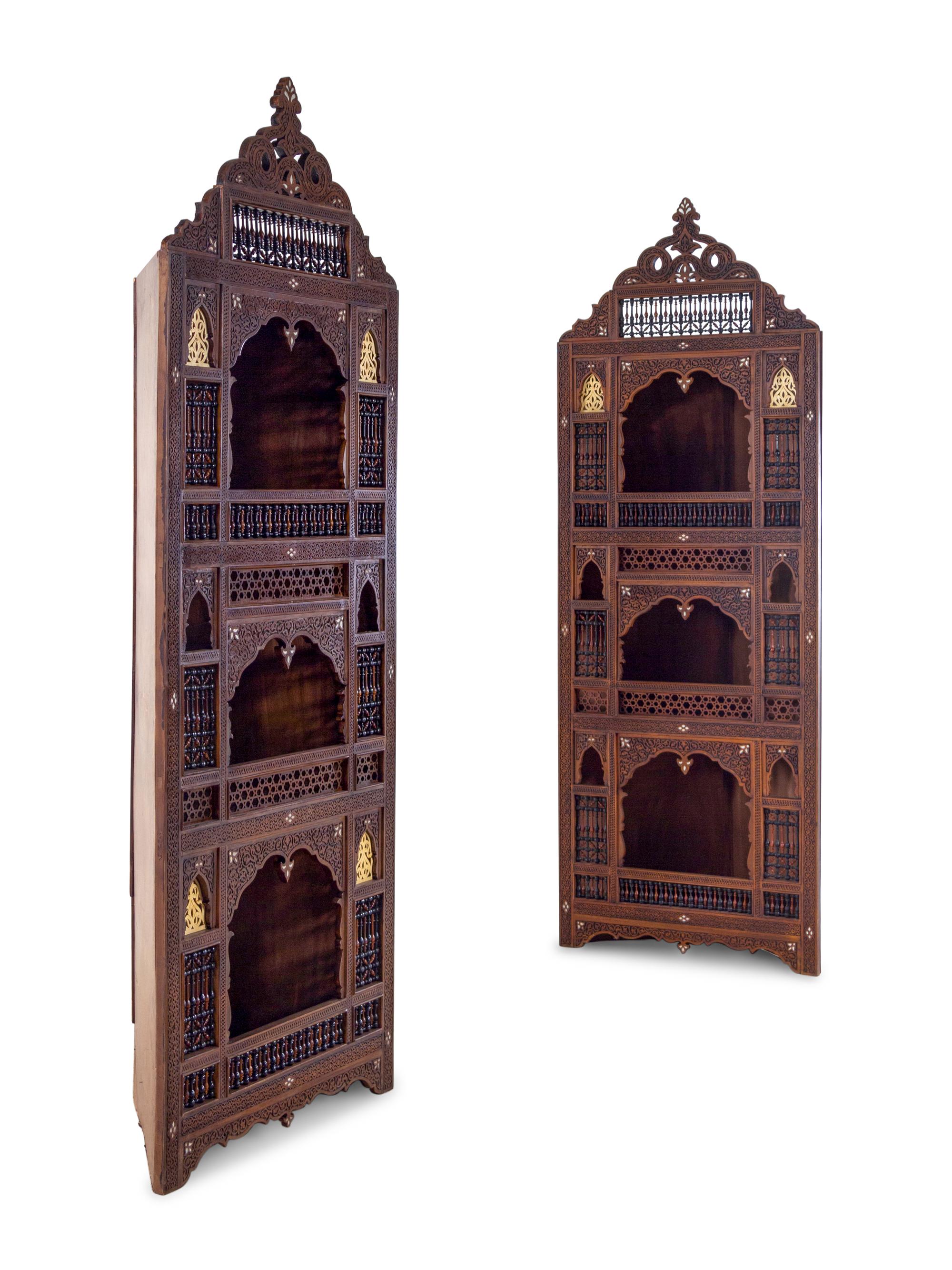 A Pair of Syrian Mother-of-Pearl Inlaid Corner Cabinets