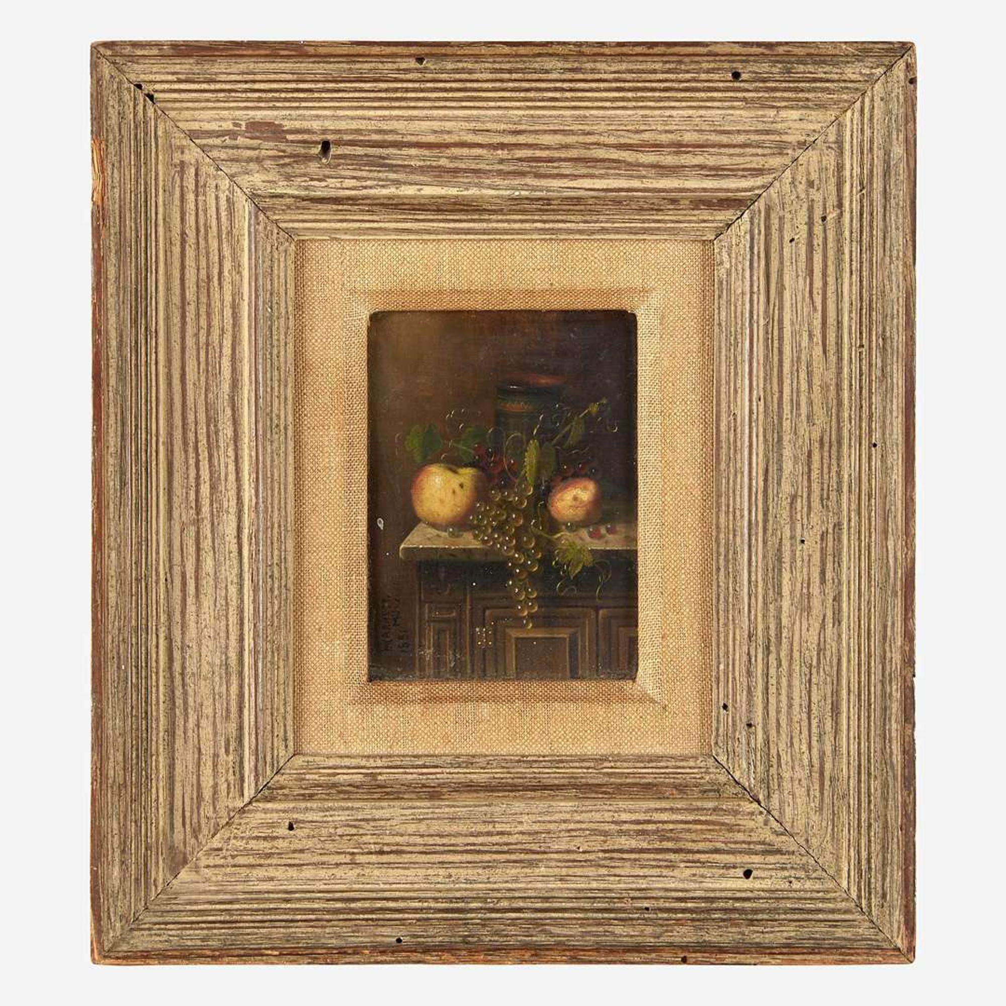 William Michael Harnett (American, 1848–1892) - Still Life with Egyptian Vase, Apples and Grapes on a Marble Top Console