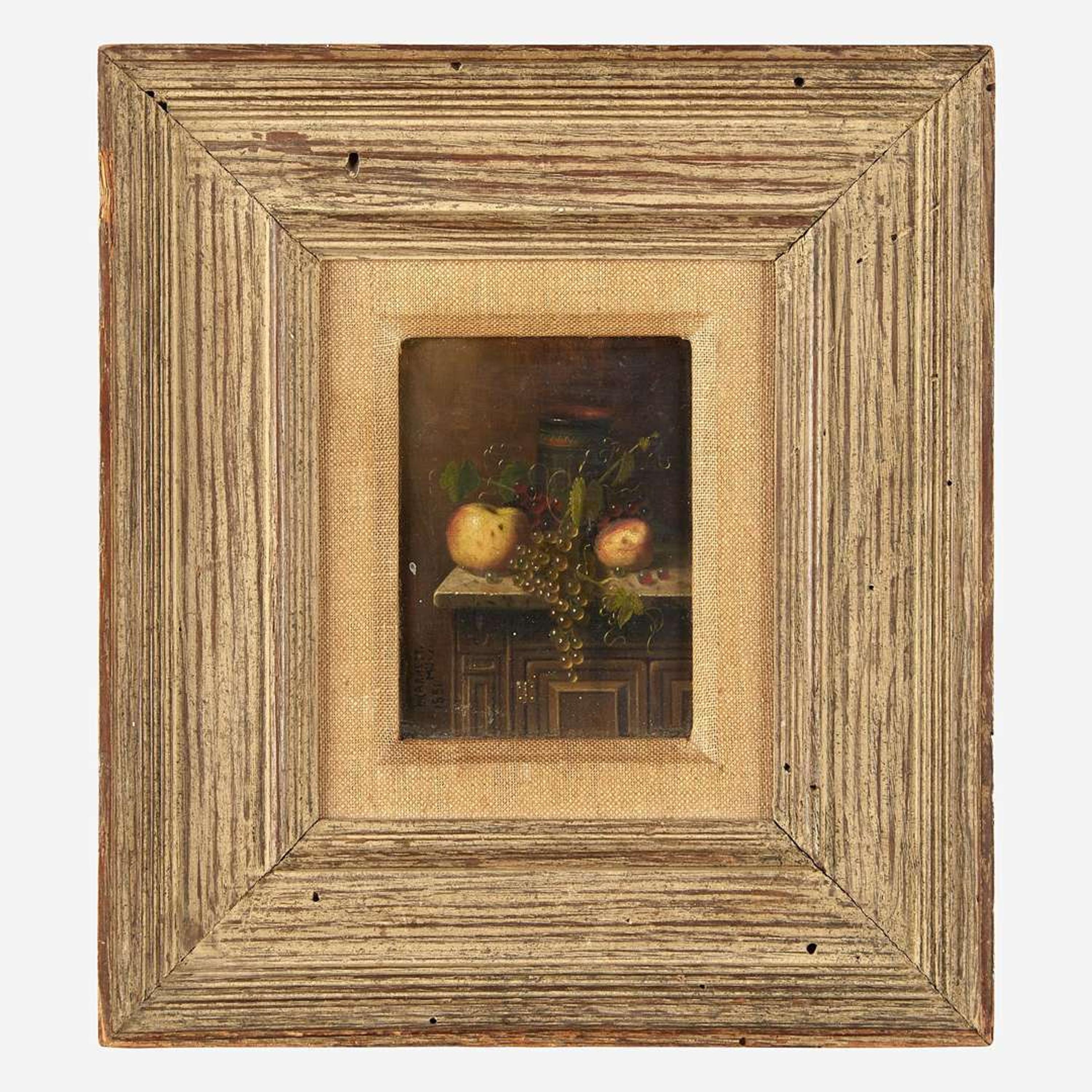 William Michael Harnett (American, 1848–1892) - Still Life with Egyptian Vase, Apples and Grapes on a Marble Top Console