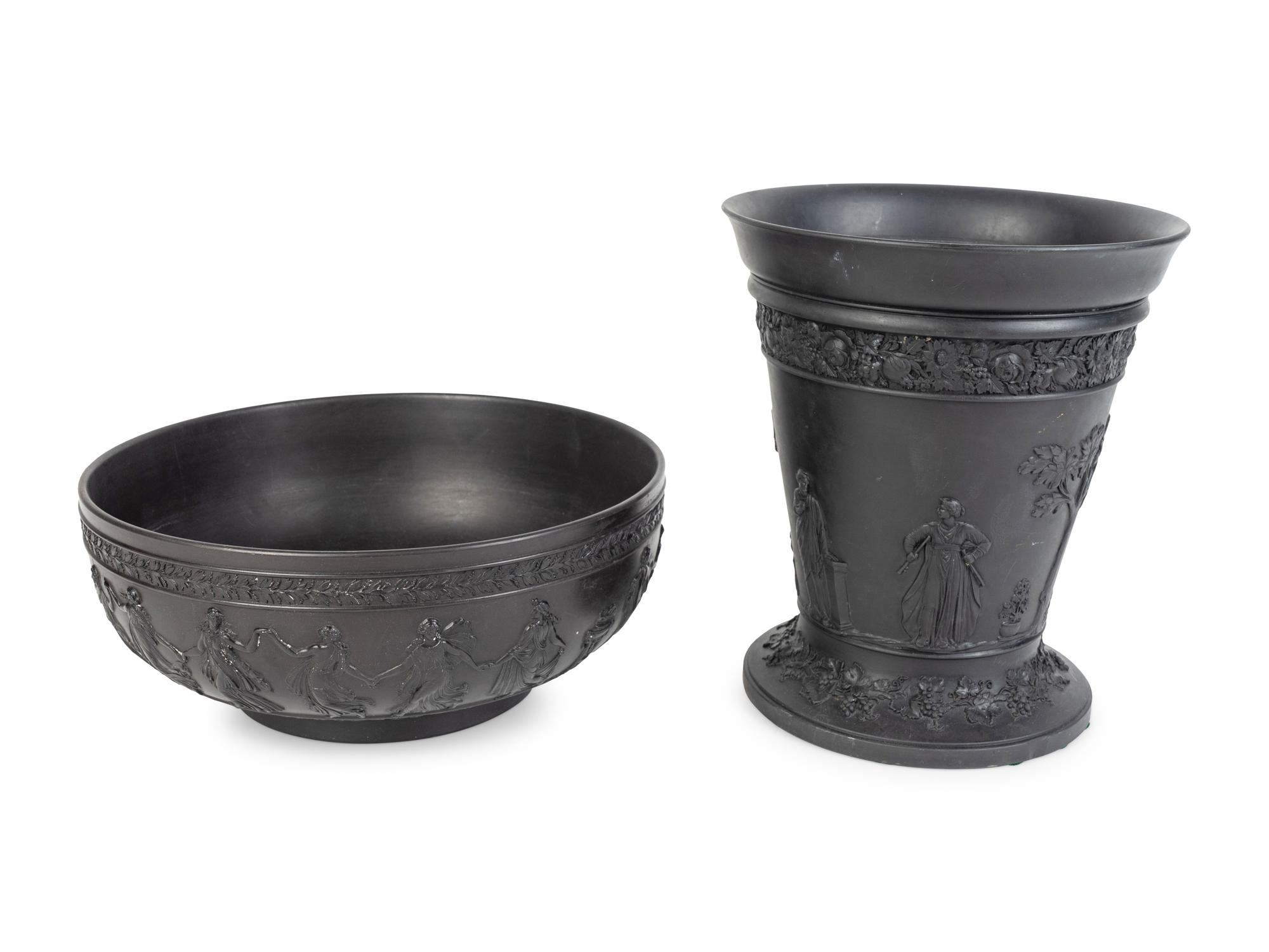 A Wedgwood Black Basalt Bowl and a Tapered Vase — MID-20TH CENTURY