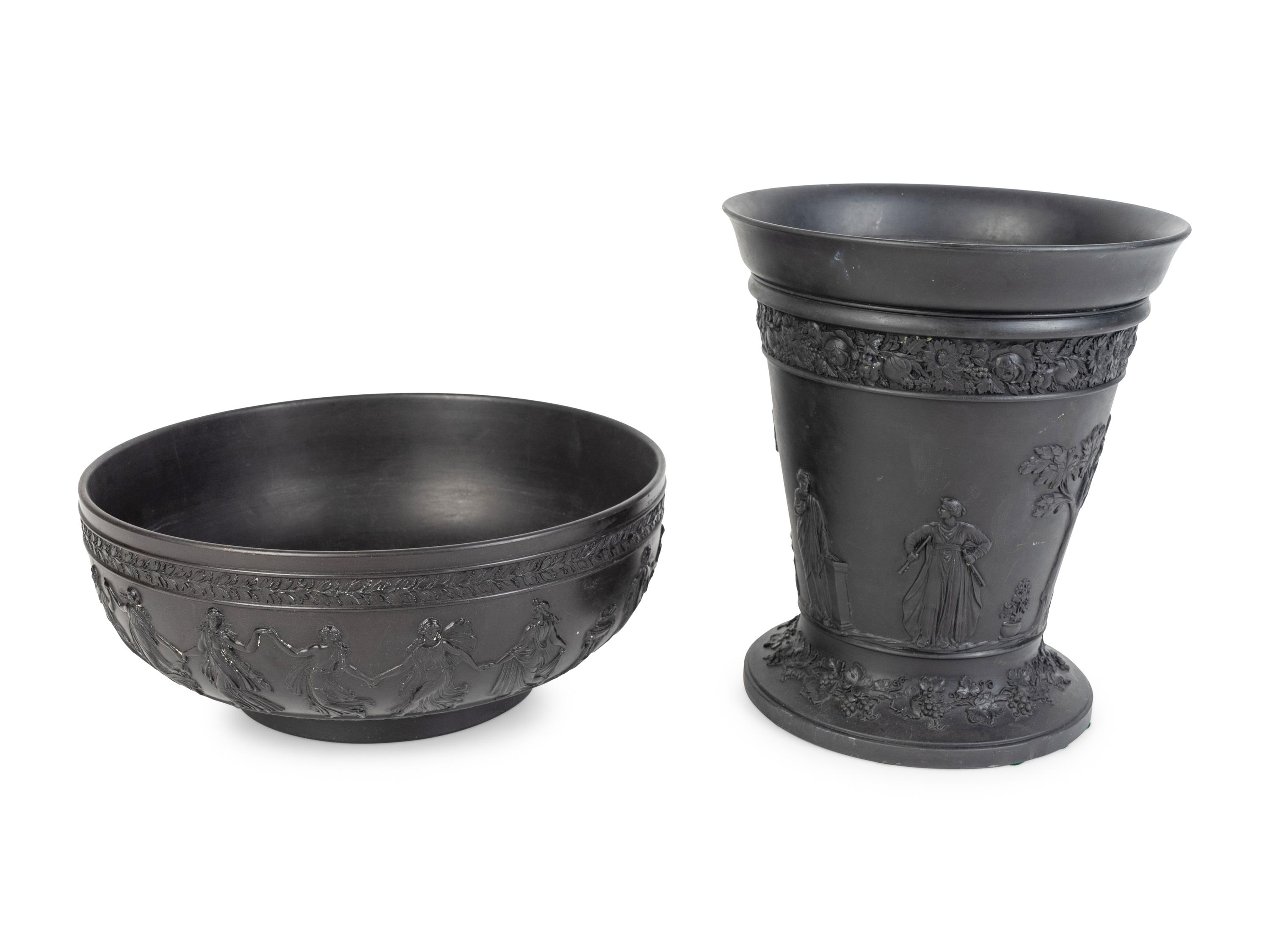 A Wedgwood Black Basalt Bowl and a Tapered Vase — MID-20TH CENTURY
