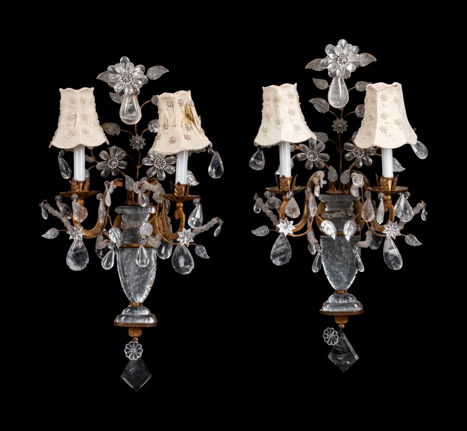 A Pair Gilt Metal and Rock Crystal Two-Light Sconces in the Manner of Maison Baguès