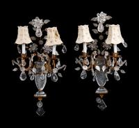 A Pair Gilt Metal and Rock Crystal Two-Light Sconces in the Manner of Maison Baguès