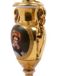 A Pair of Paris Porcelain Gold Ground Vases Mounted as Lamps with Faux Marble Bases and Silk Shades