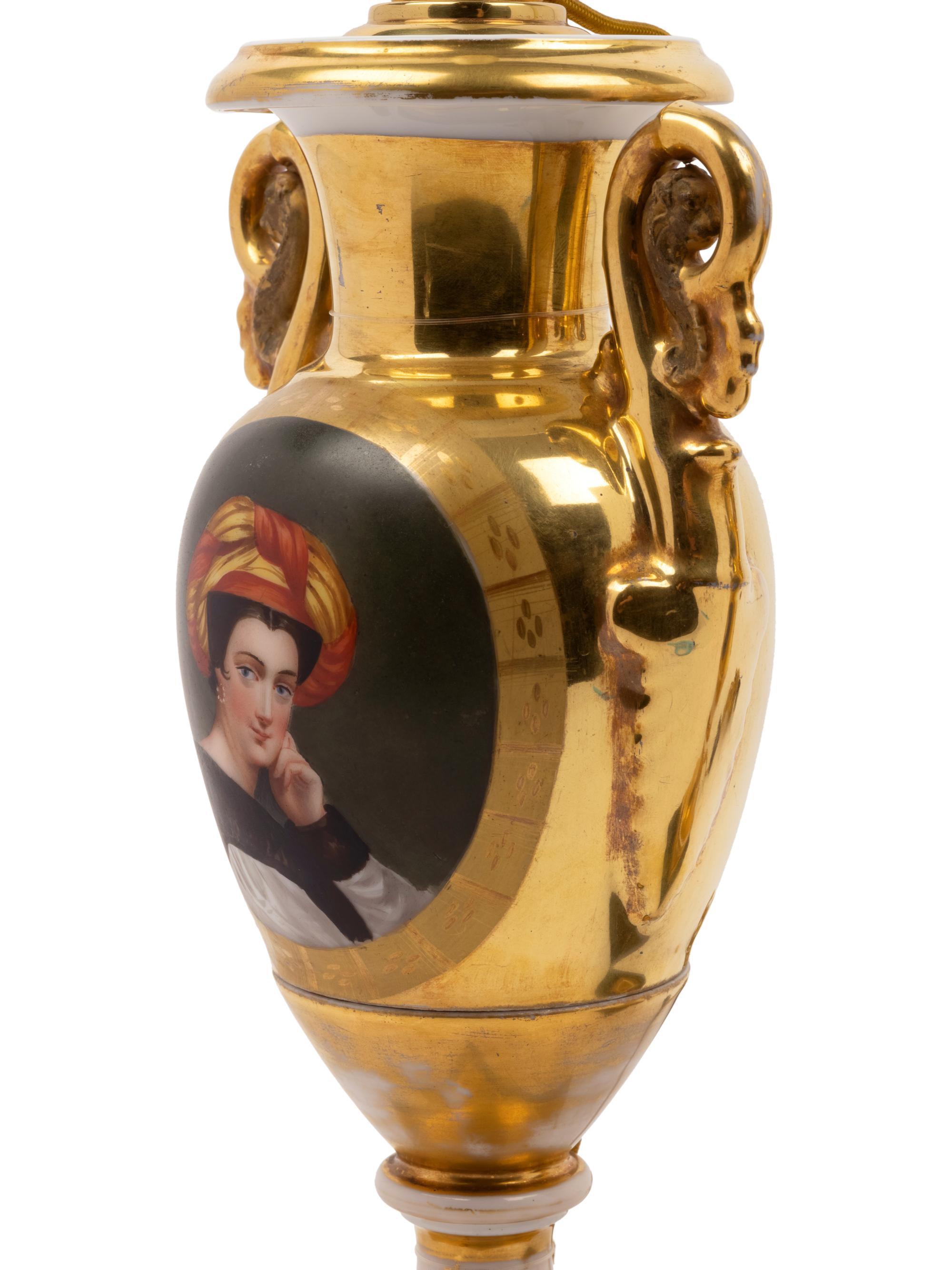 A Pair of Paris Porcelain Gold Ground Vases Mounted as Lamps with Faux Marble Bases and Silk Shades