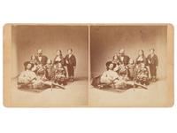 [WESTERN AMERICANA]. Stereoview portrait of Maj. Samuel S. "Buckskin Sam" Hall & the Dutcher family.