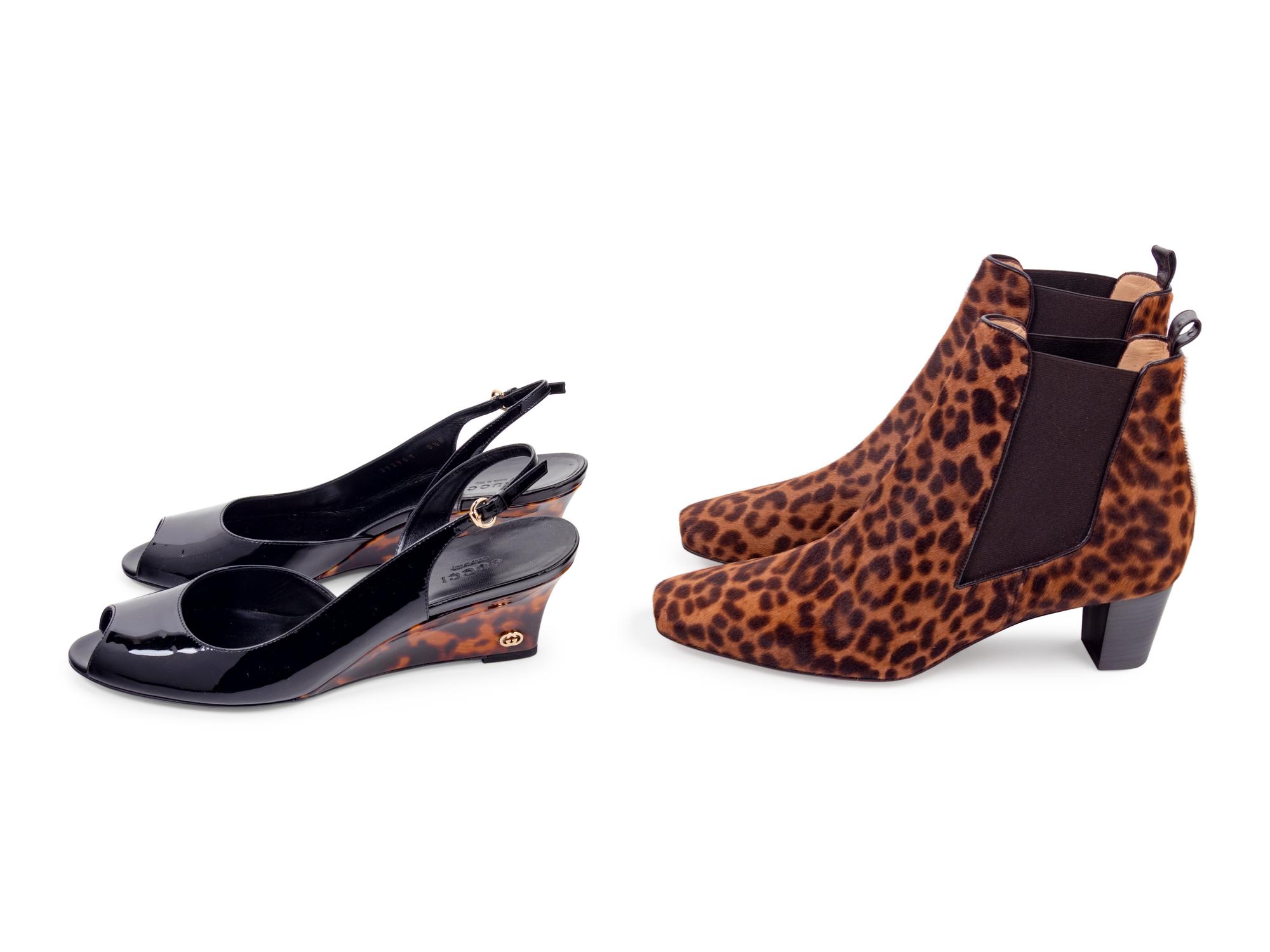 Four Animal Print Pieces: One Lambertson Truex Frame Clutch Bag, One Valentino Double Flap Bag, One Pair of Gucci Sling Back Shoes, One Pair of Louboutin Boots
