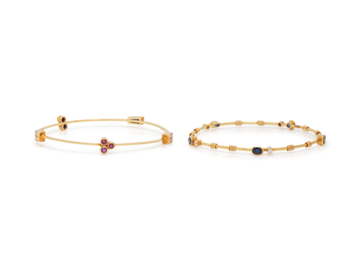 COLLECTION OF YELLOW GOLD, DIAMOND AND GEMSTONE BANGLE BRACELETS