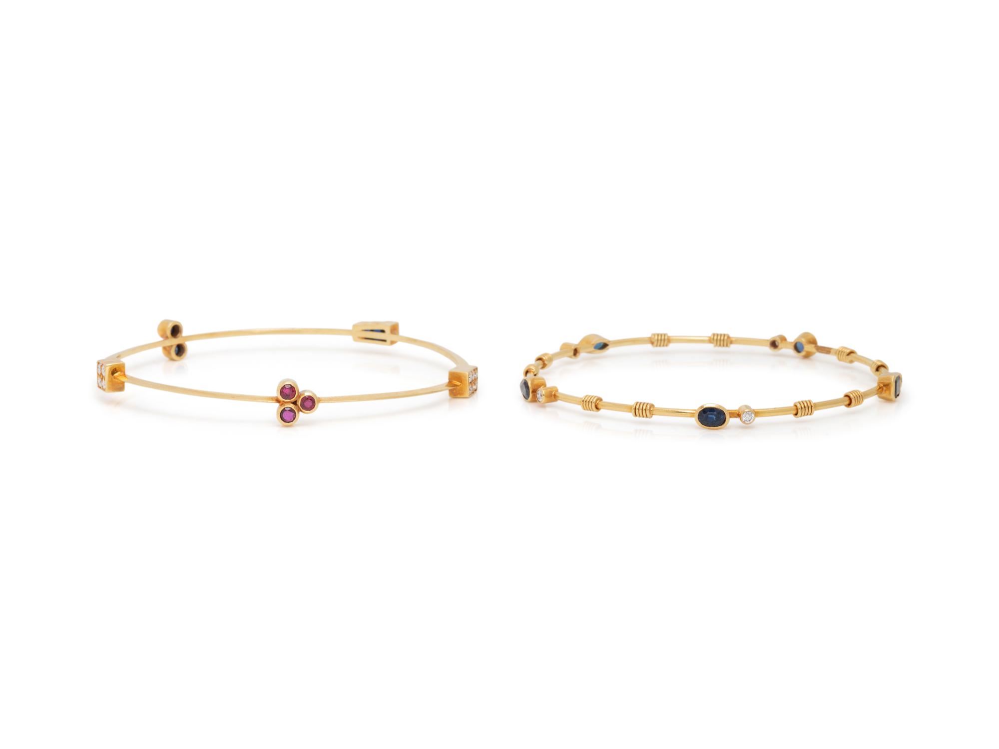 COLLECTION OF YELLOW GOLD, DIAMOND AND GEMSTONE BANGLE BRACELETS