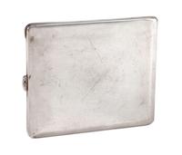 An Enameled Silvered Metal Cigarette Case, Early 20th Century, the lid enameled to show a seated nude playing two flutes in a garden se