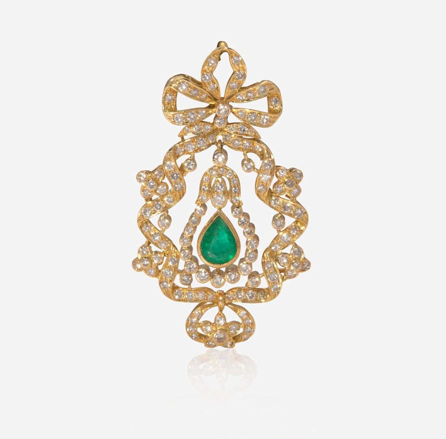 An 18K Yellow Gold, Emerald, and Diamond Pendant