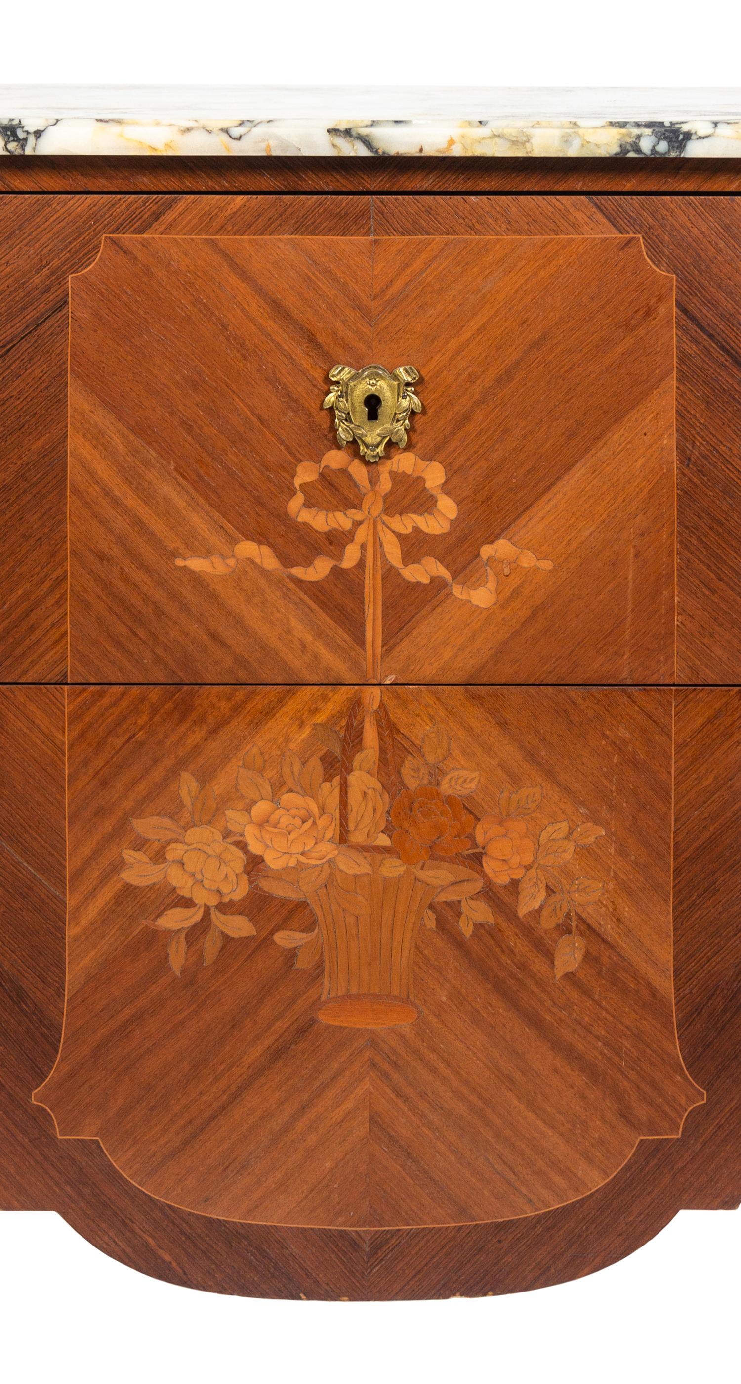 A Louis XV/XVI Transitional Style Marquetry Marble-Top Commode