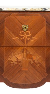 A Louis XV/XVI Transitional Style Marquetry Marble-Top Commode