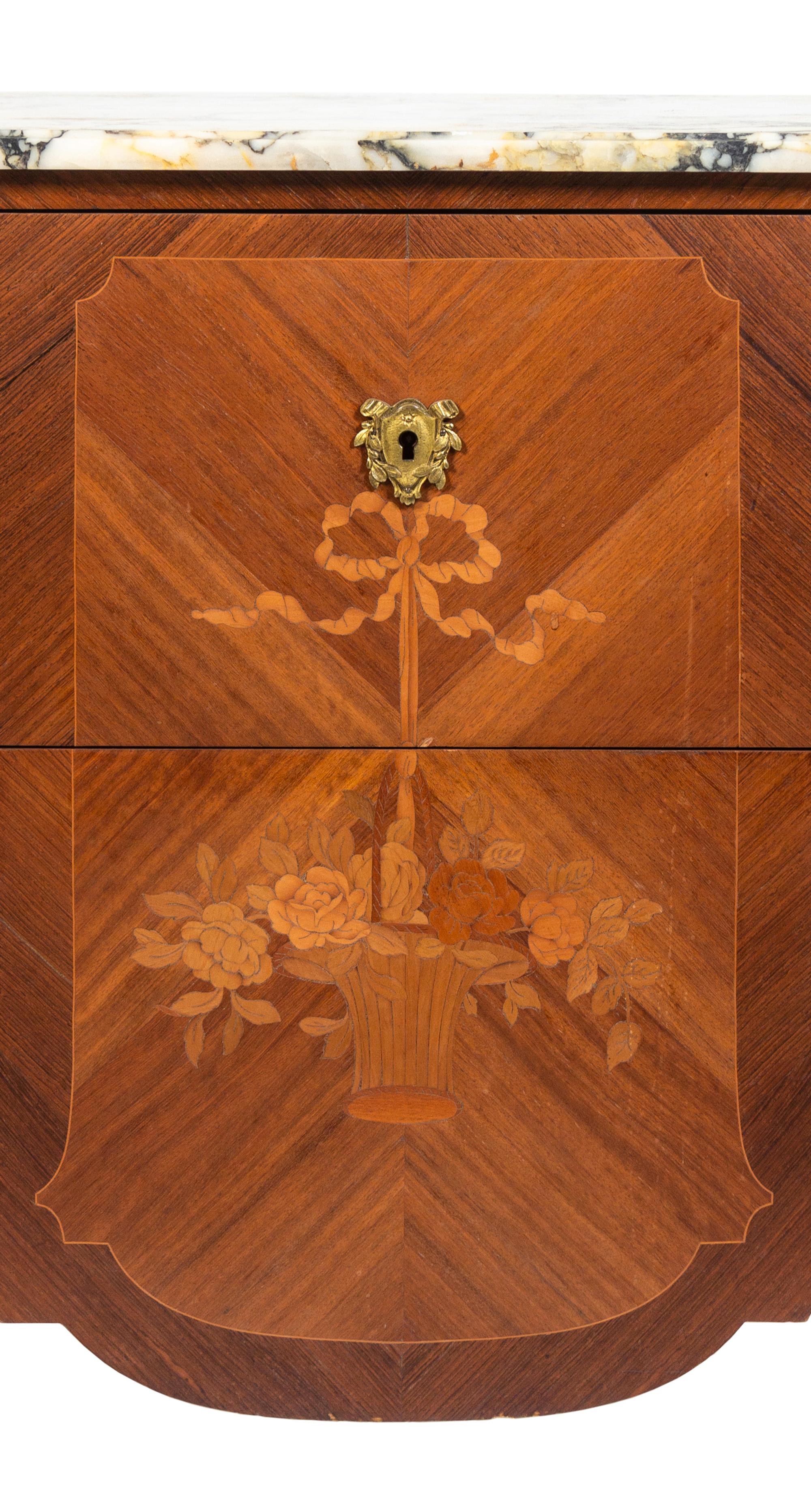 A Louis XV/XVI Transitional Style Marquetry Marble-Top Commode