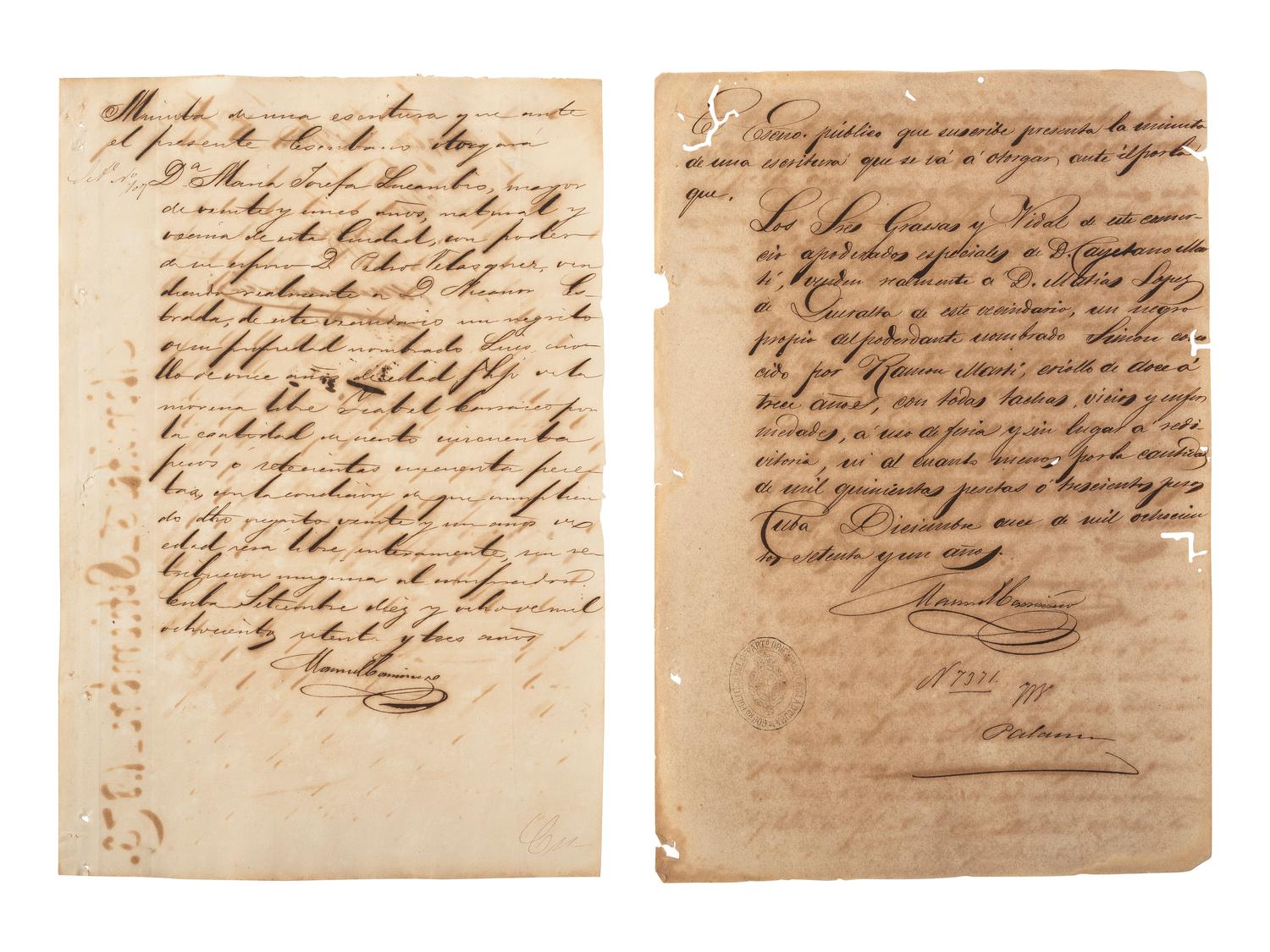 [ENSLAVEMENT & ABOLITION]. A group of 12 documents regarding the sale of enslaved persons in Cuba. 1844-1873.