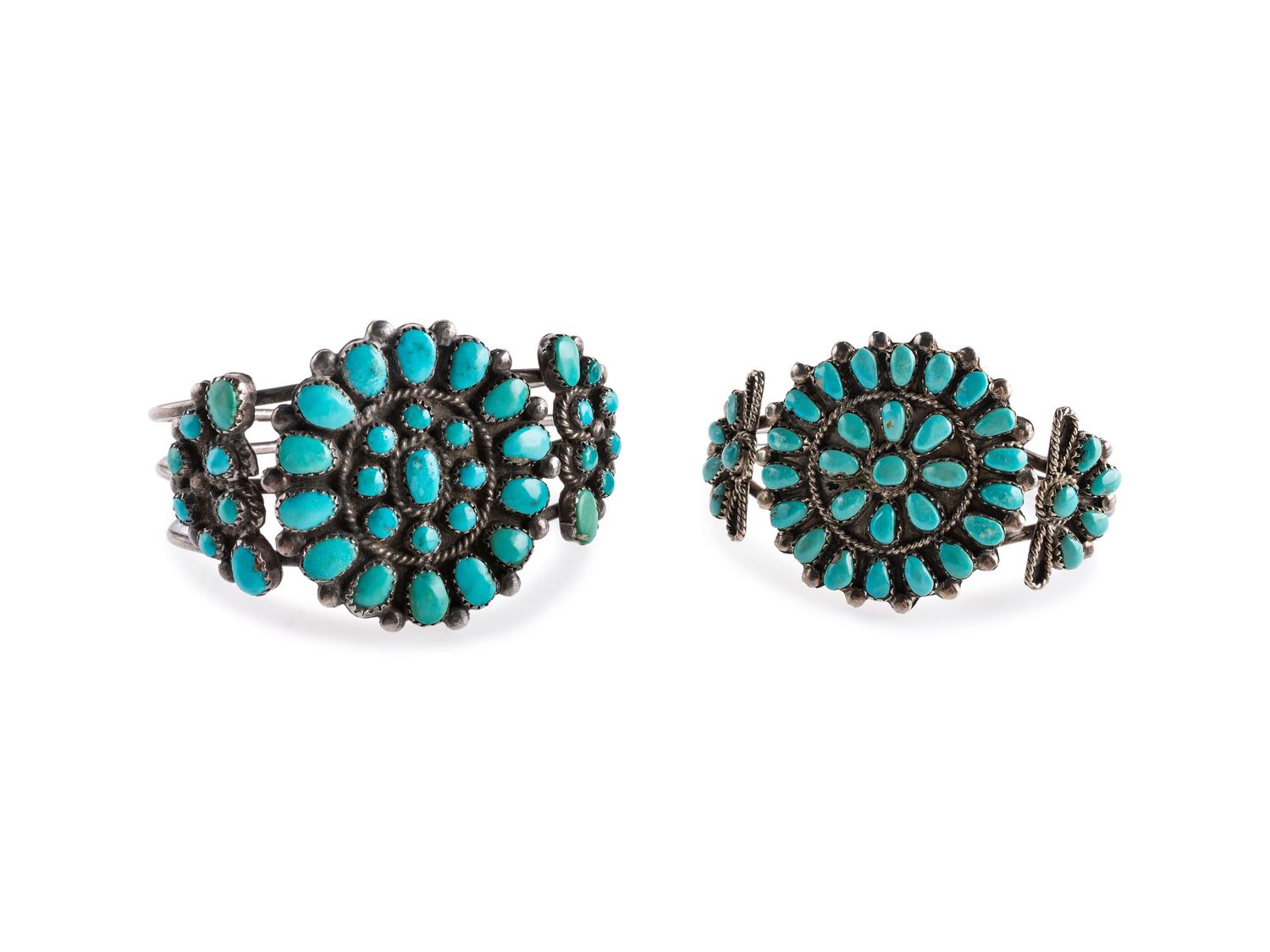 Navajo or Zui Silver Wire Cuff Bracelets, with Tuquoise Clusters