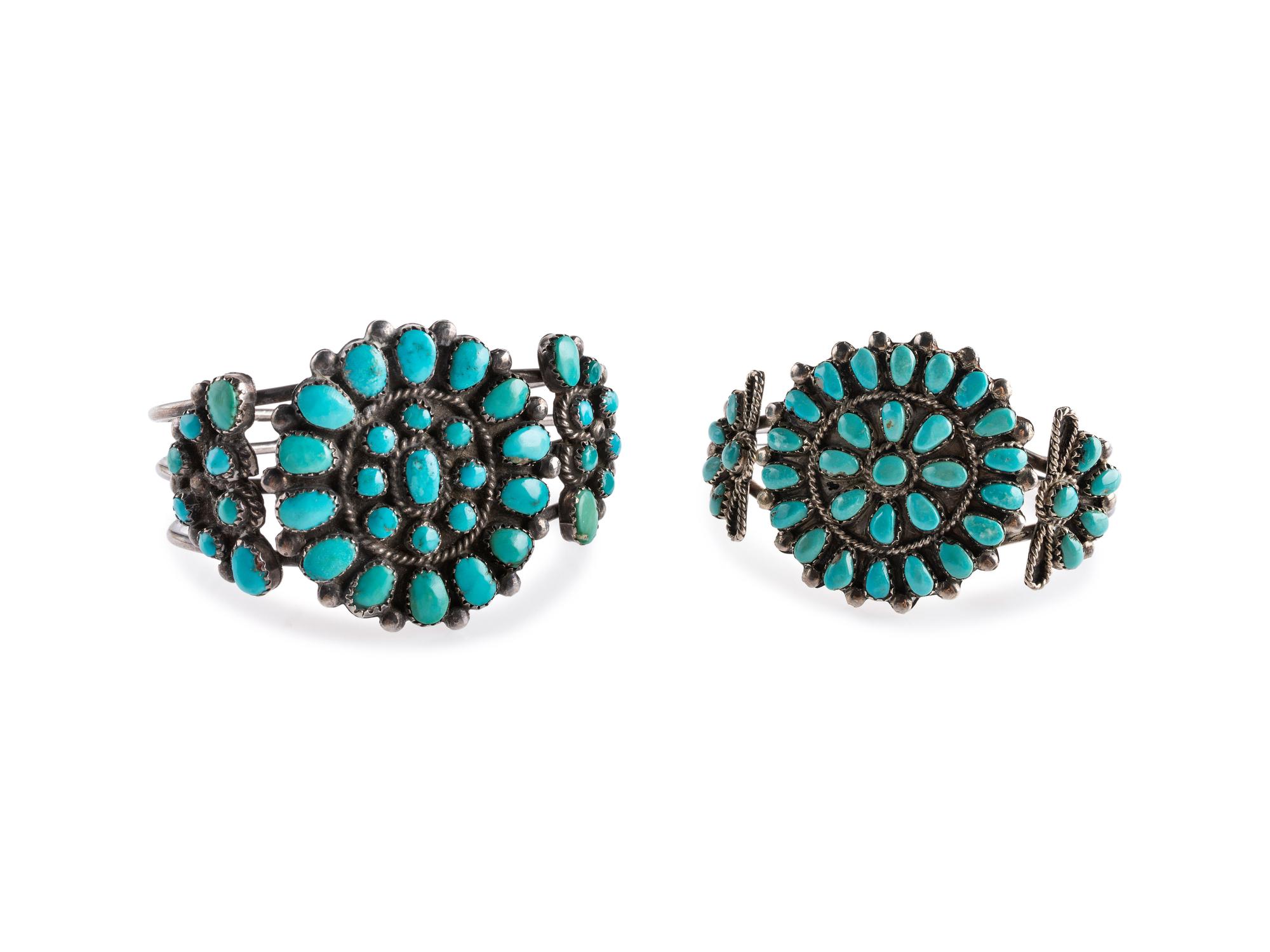 Navajo or Zui Silver Wire Cuff Bracelets, with Tuquoise Clusters