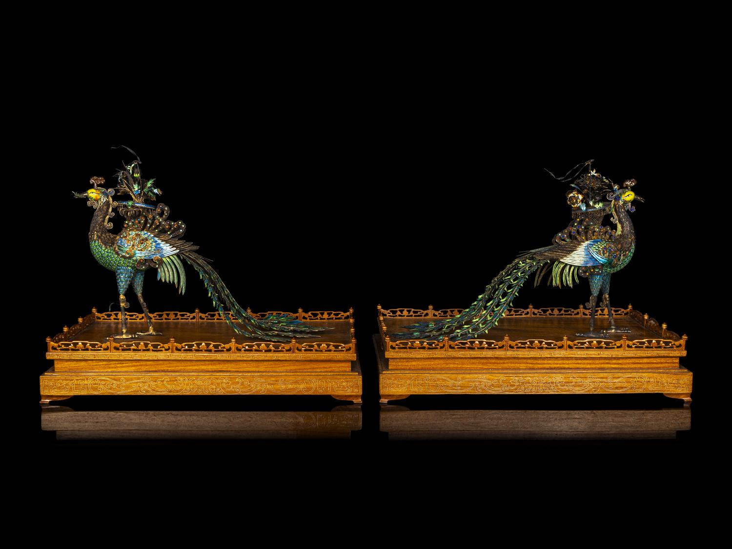 A Pair of Chinese Export Embellished Silver Filigree Figure of Phoenix