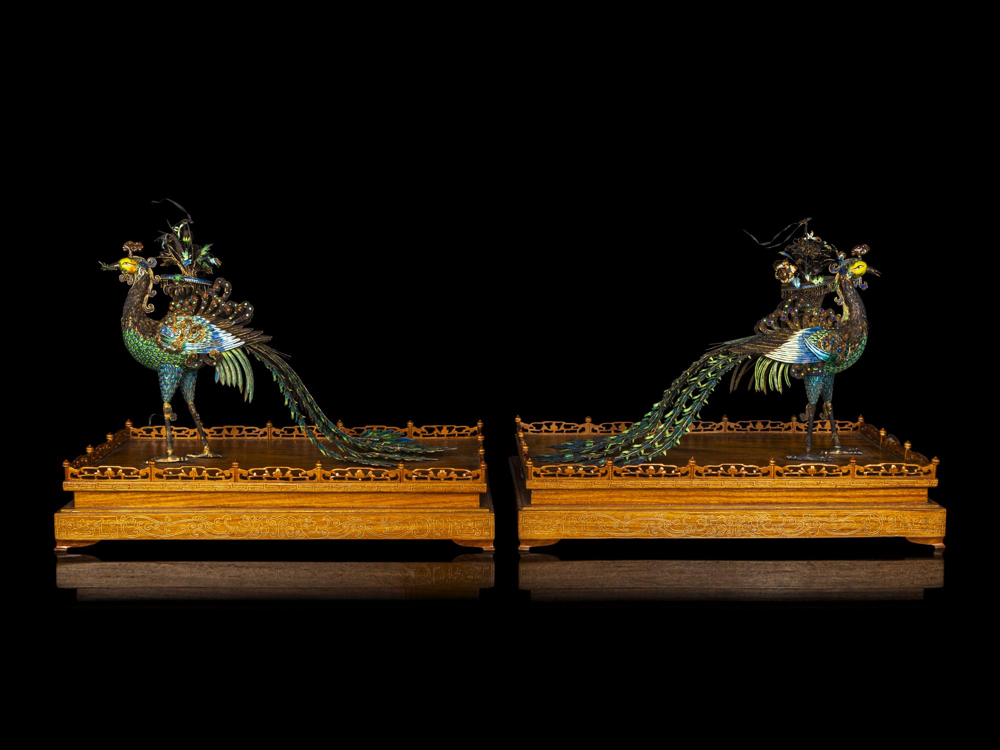 A Pair of Chinese Export Embellished Silver Filigree Figure of Phoenix
