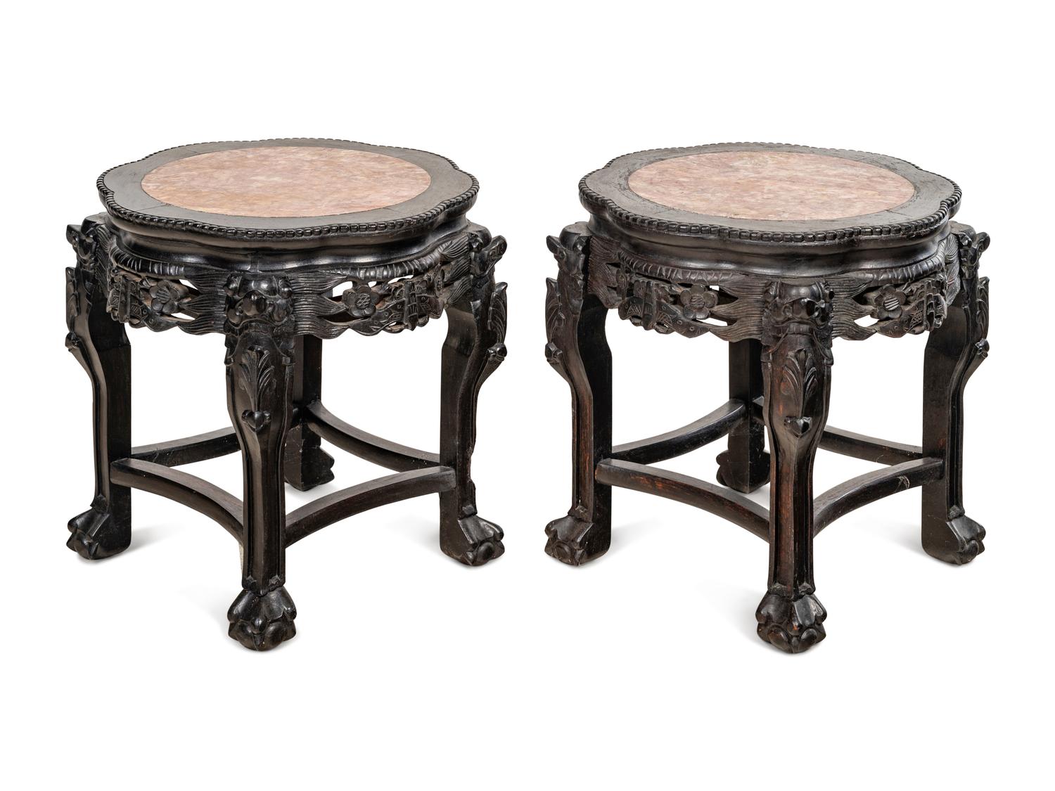 A Pair of Chinese Marble-Inset Hardwood Stands