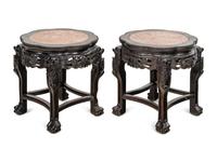 A Pair of Chinese Marble-Inset Hardwood Stands