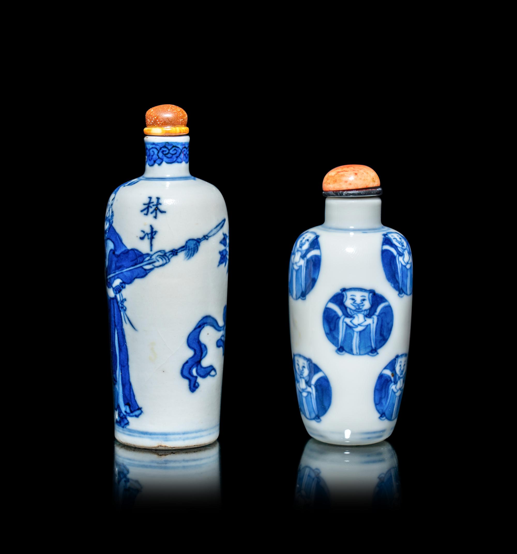 Two Chinese Blue and White Porcelain 'Figural' Snuff Bottles