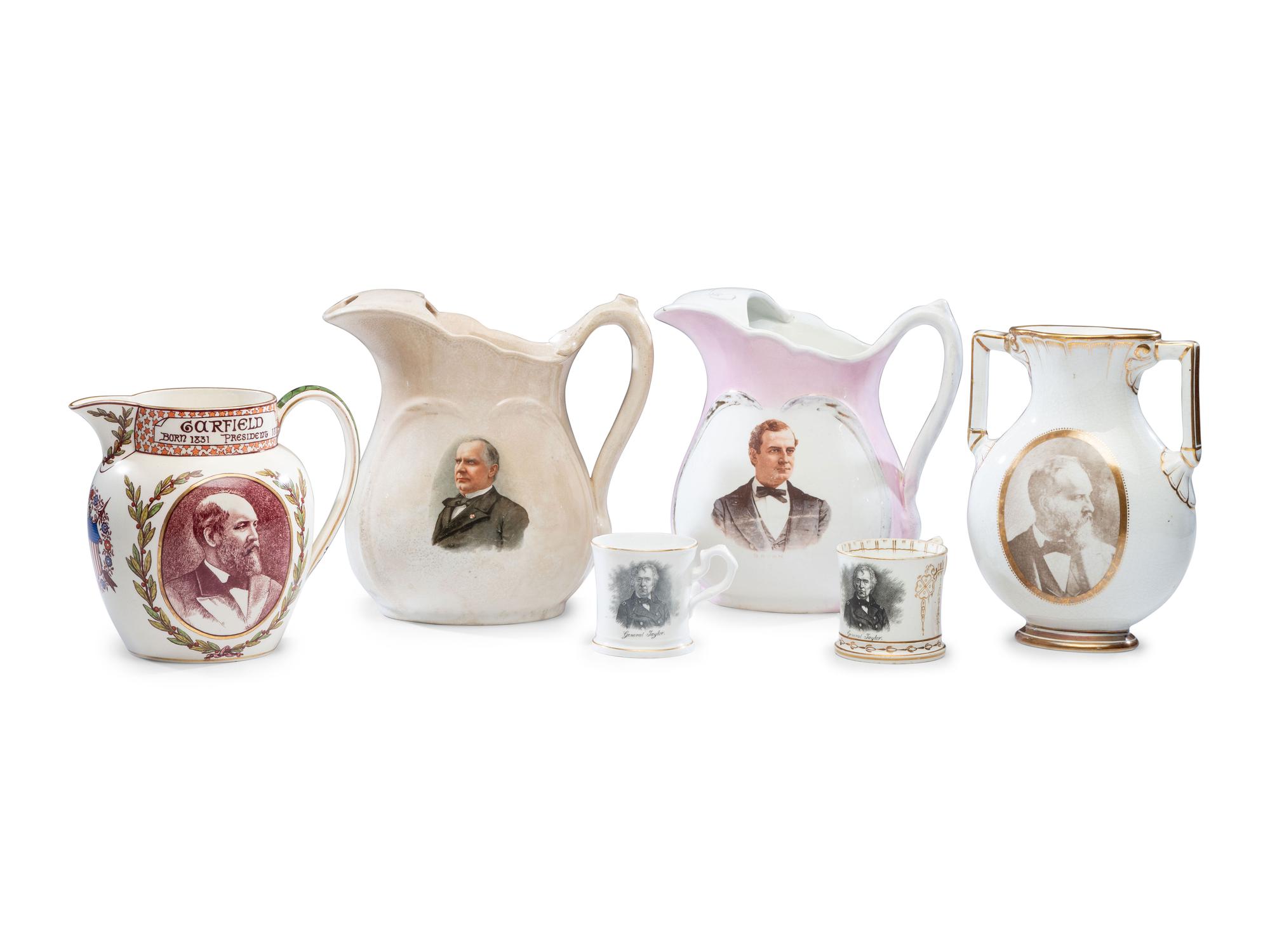 Six Porcelain Political Portrait Pitchers and Mugs