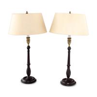 A Pair of George III Brass Mounted Mahogany Candlesticks Mounted as Lamps