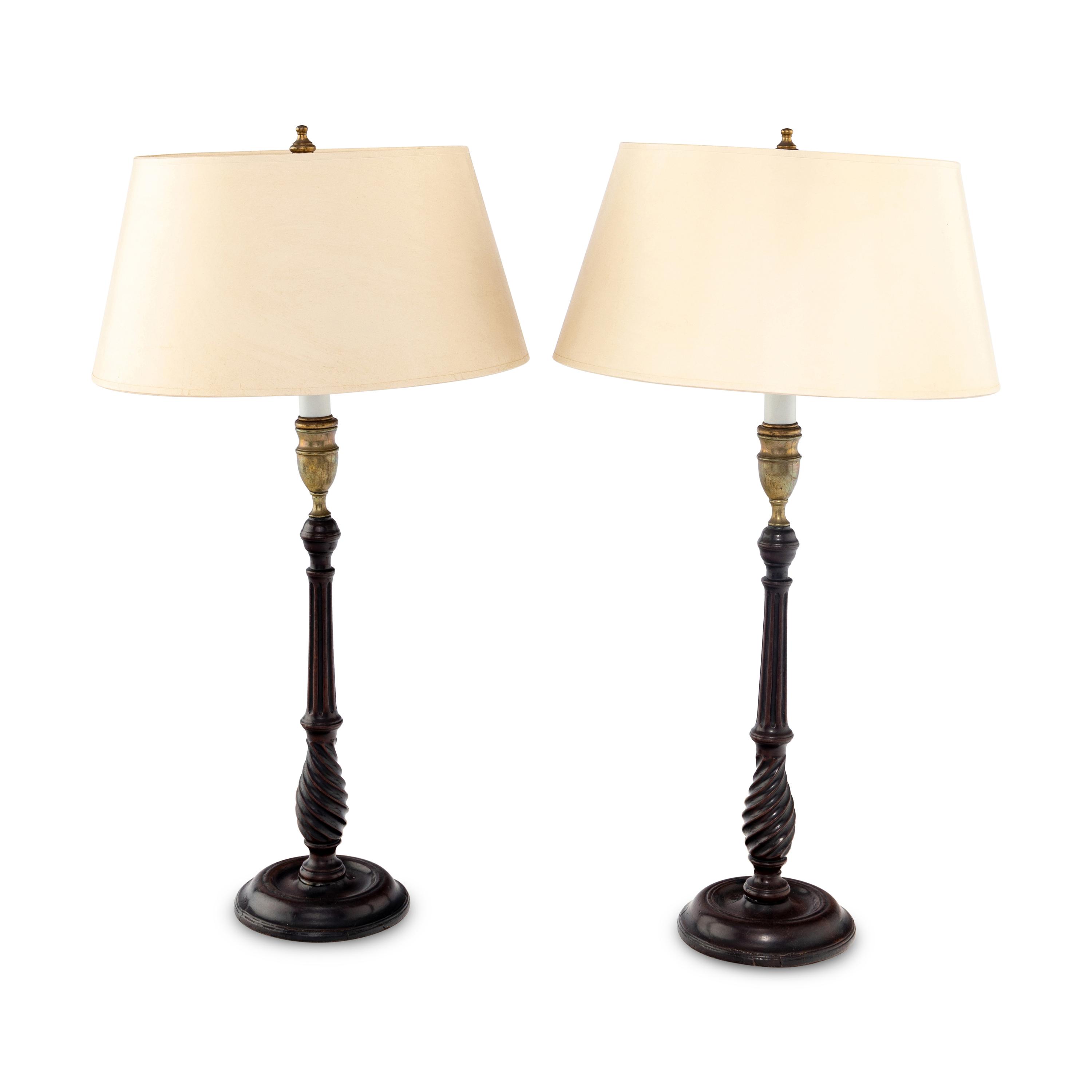 A Pair of George III Brass Mounted Mahogany Candlesticks Mounted as Lamps