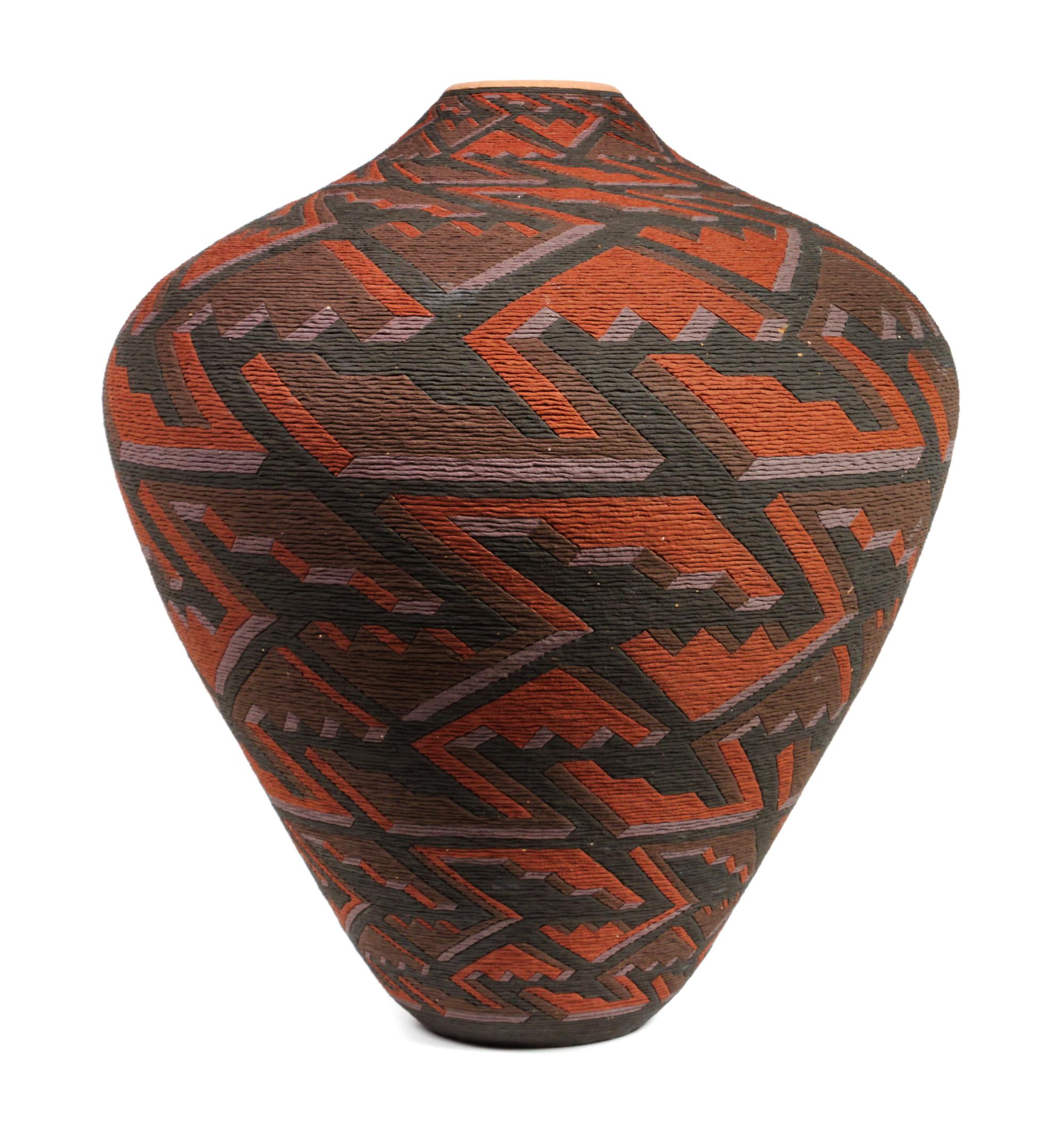 Richard Zane Smith (b. 1955) Polychrome Corrugated Ceramic Vase Height 21 x width 18 inches