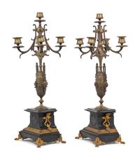 A Pair of French Gilt Bronze and Slate Five-Light Candelabra