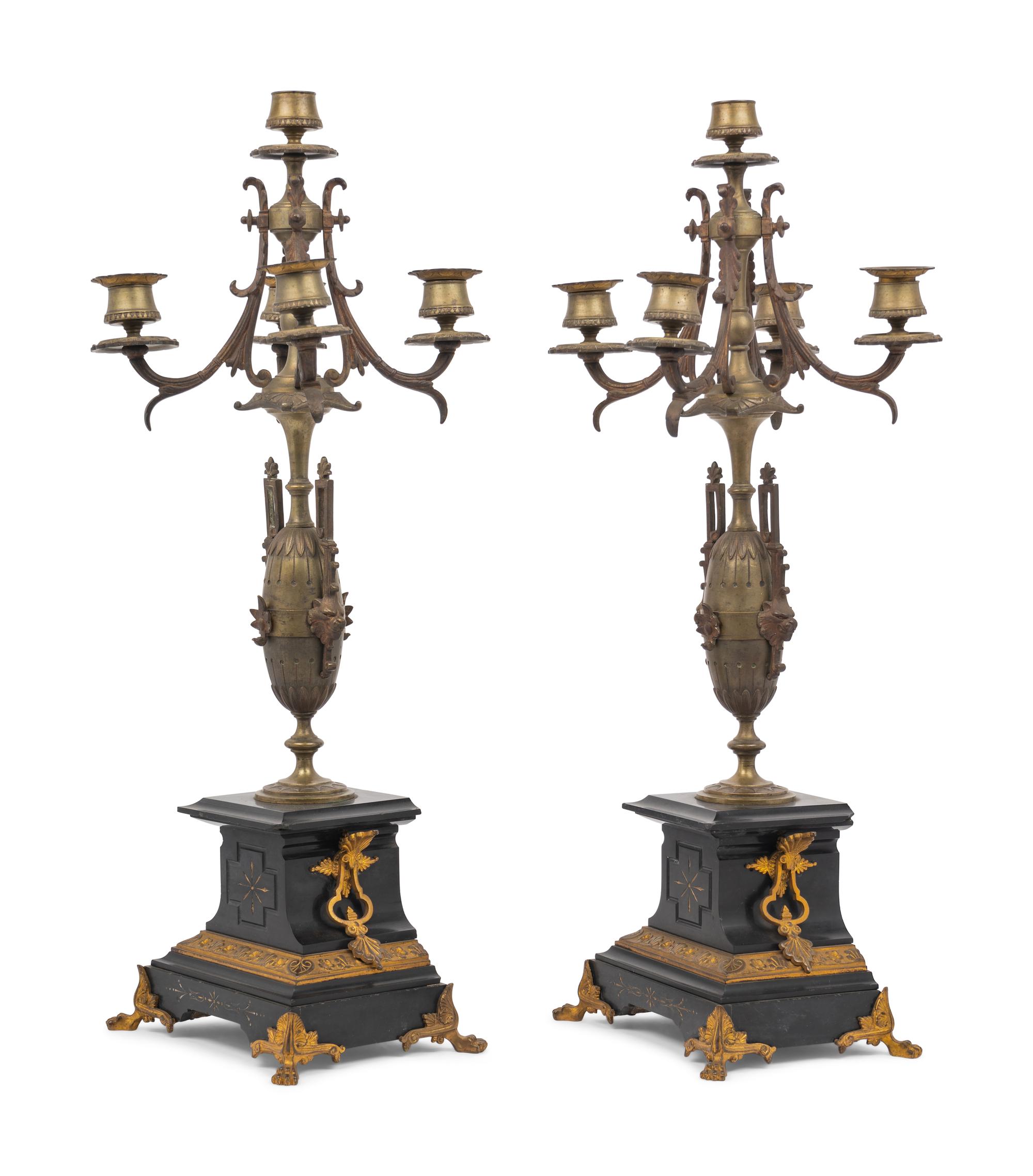 A Pair of French Gilt Bronze and Slate Five-Light Candelabra