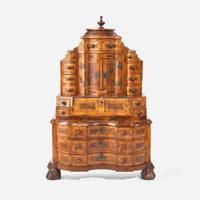 A miniature German Baroque walnut parquetry secretary bookcase 18th century