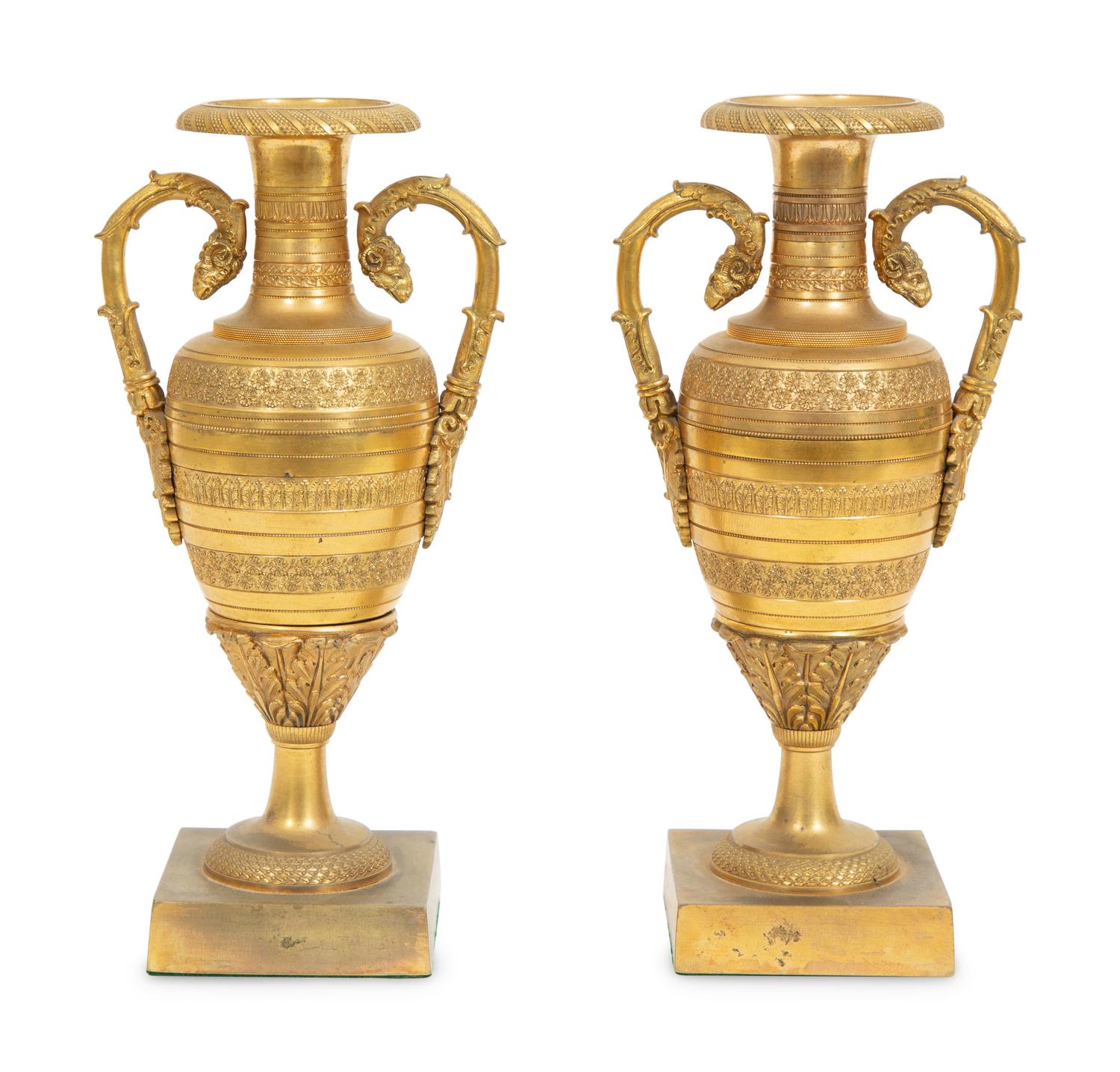 A Pair of Empire Style Gilt Bronze Urns