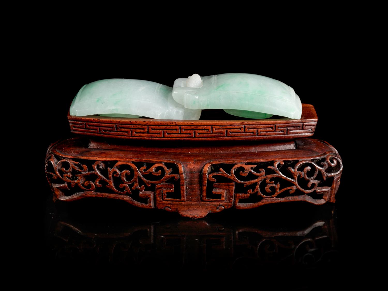 An Apple Green and Pale Celadon Jadeite Two-Part Belt Buckle
