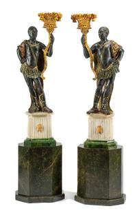 A Pair of Venetian Carved, Gilt and Polychrome Decorated Figures Height 70 inches.