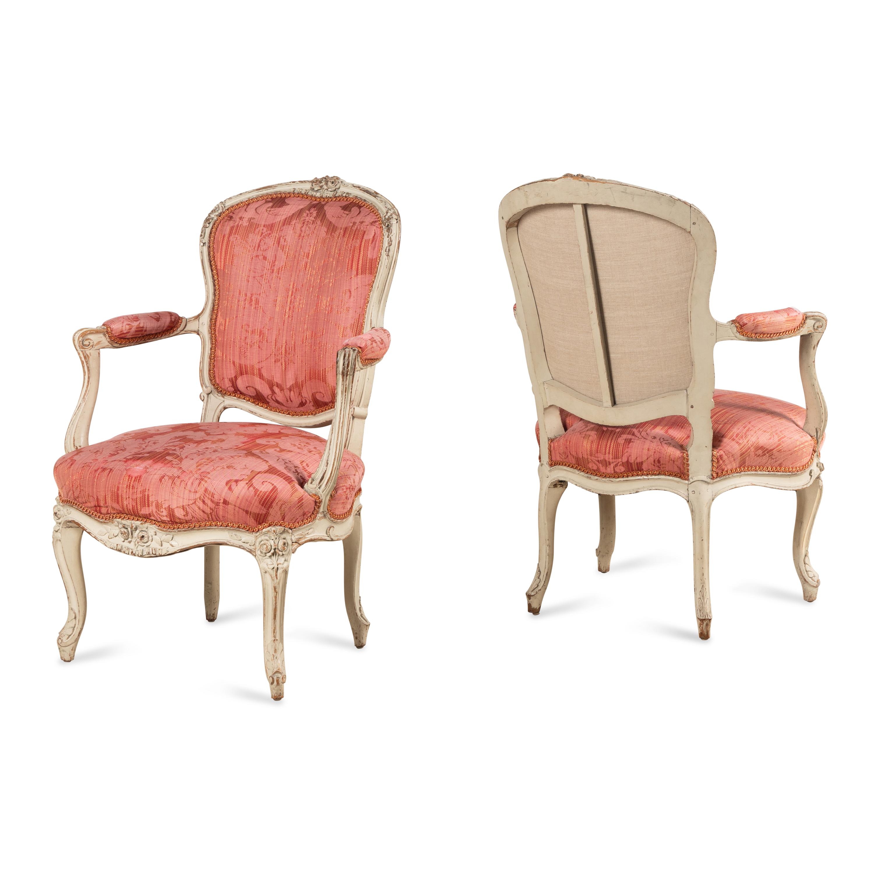 A Pair of Louis XV White-Painted Fauteuils