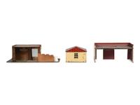 A Group of Toy Service Stations and Cars