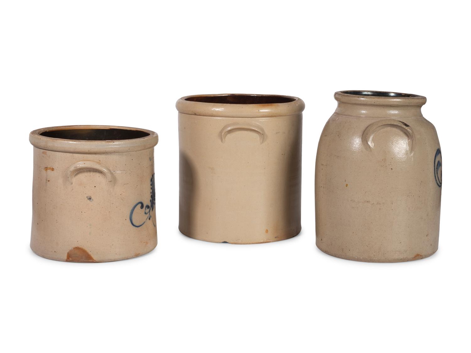 Three Cobalt-Decorated Stoneware Crocks