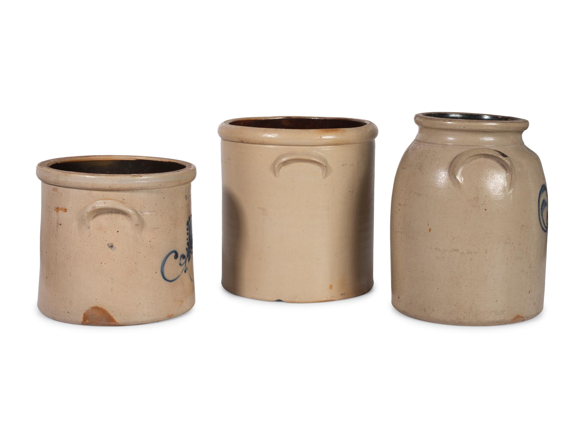 Three Cobalt-Decorated Stoneware Crocks