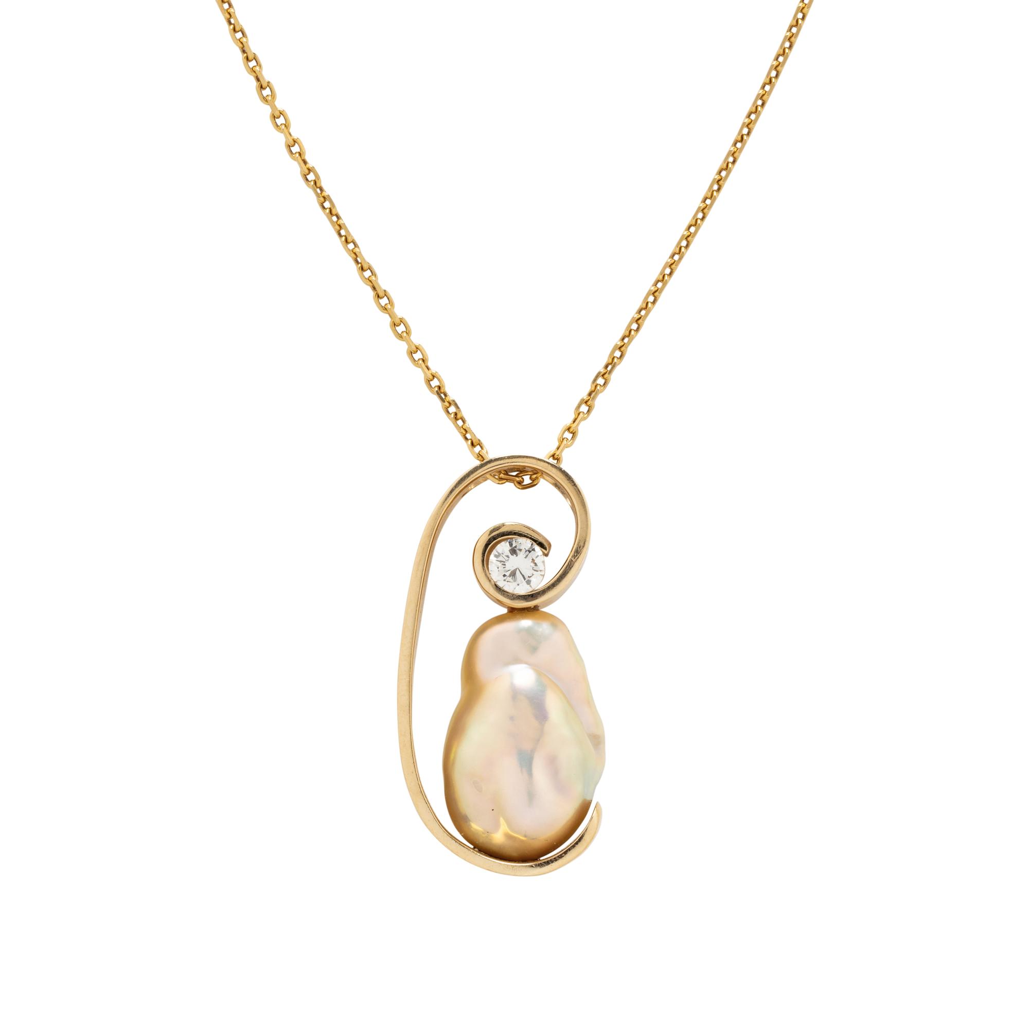 YELLOW GOLD, CULTURED BAROQUE PEARL, AND DIAMOND PENDANT NECKLACE
