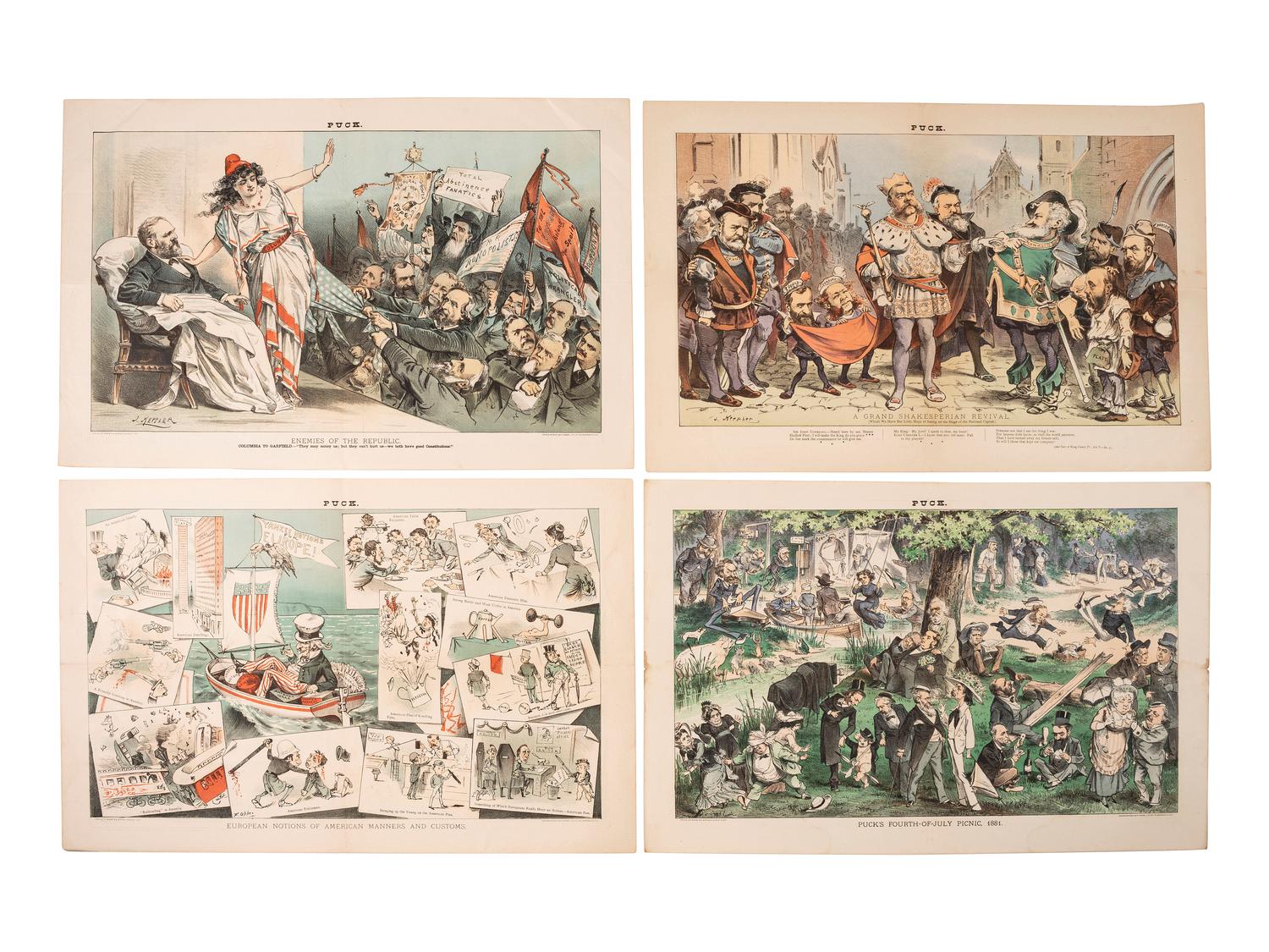 [1880 ELECTION - POLITICAL CARTOONS]. A group of Puck chromolithographs related to the politics and presidential campaigns in 1880.