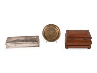 An American Silver Cigarette Box and a Teakwood Presentation Box from the H.M.S. Illustrious