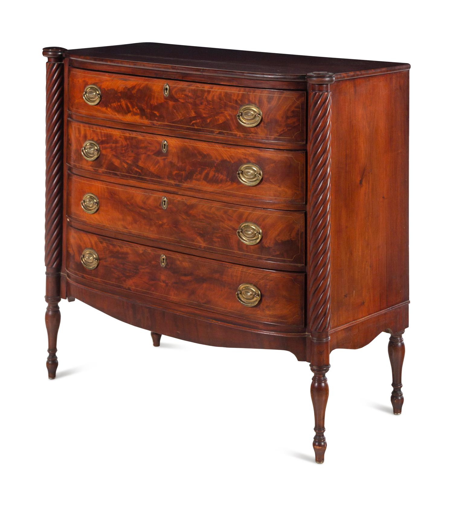 A Federal Spiral-Twist Carved Mahogany Bow Front Chest of Drawers
