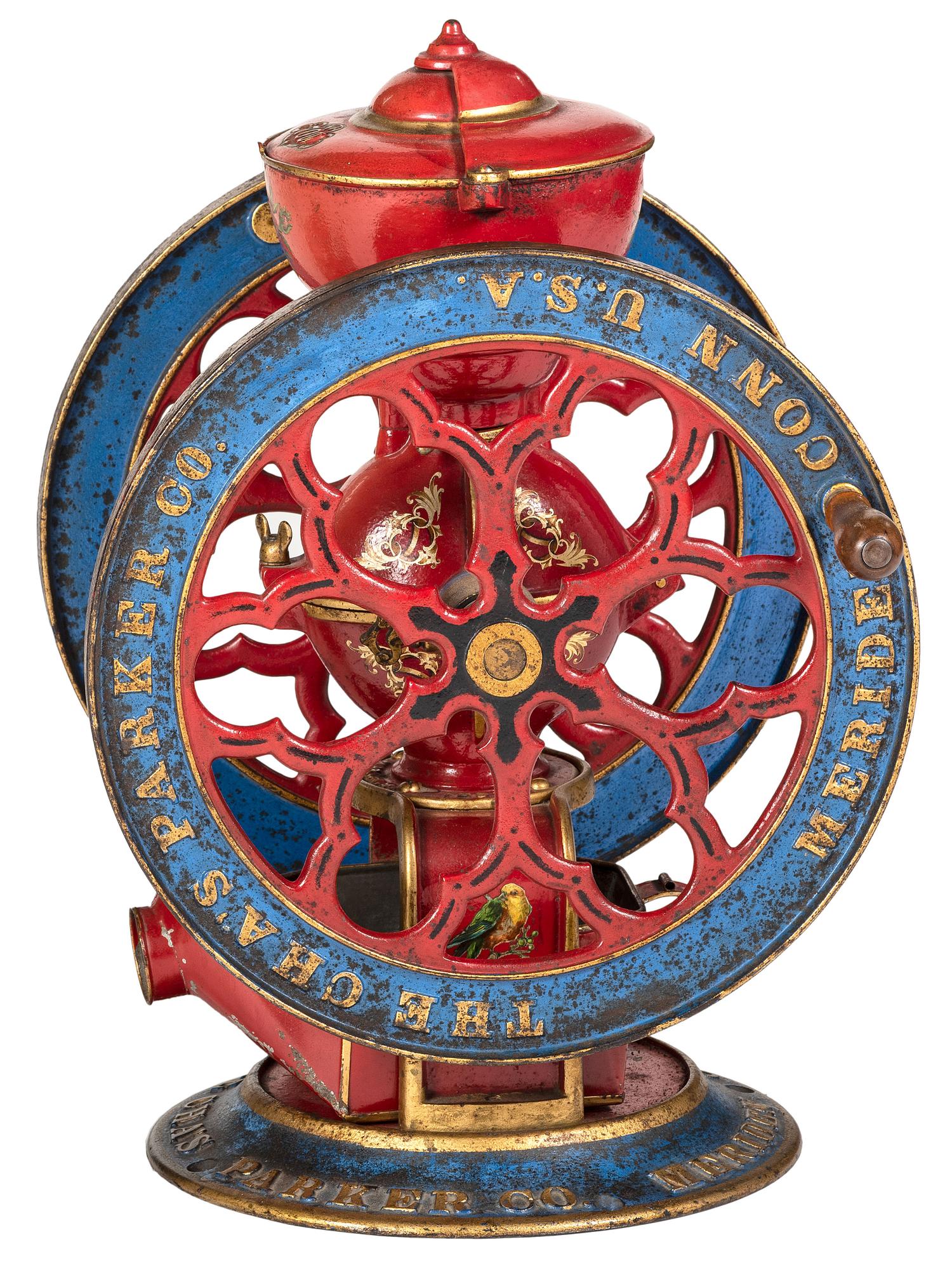A Charles Parker No. 700 Painted and Parcel Gilt Double-Wheeled Cast Iron Coffee Mill